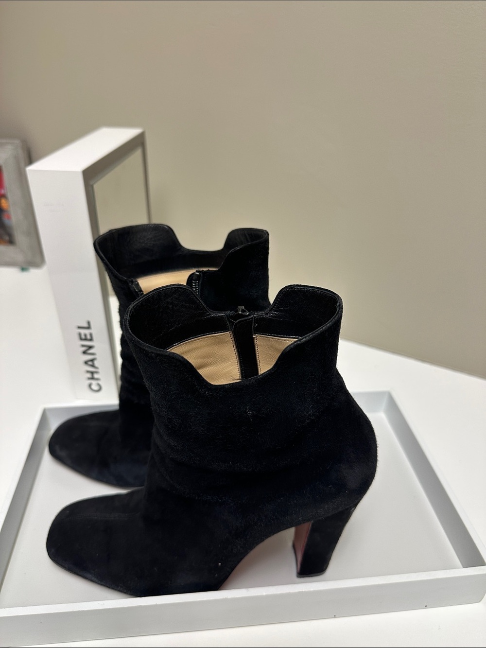 Louis Vuitton Black Suede Ankle Booties with Sculpted Heel